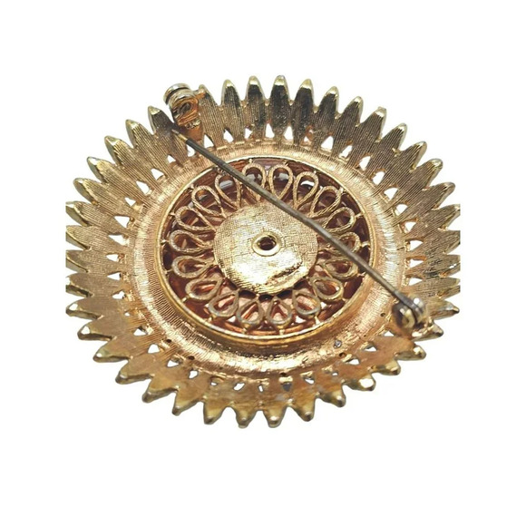 Clear Rhinestone Red Glass Stone Textured Flower Dome Brooch Pin Vintage - Picture 3 of 5